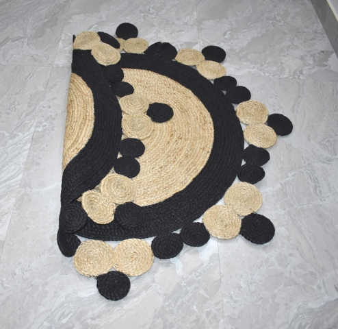 Ripaz Vogue - Rug Round 100% Natural Jute Hand Braided Latest Design Area Rug, Round, Beige & Black