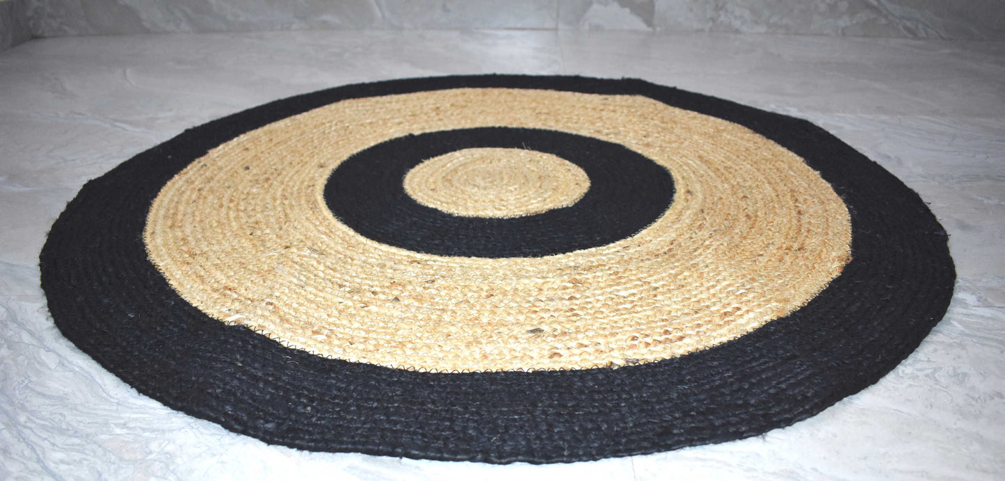 Ripaz Vogue - Rug Round 100% Natural Jute Hand Braided Latest Design Area Rug Door Mat, Round, Beige & Black