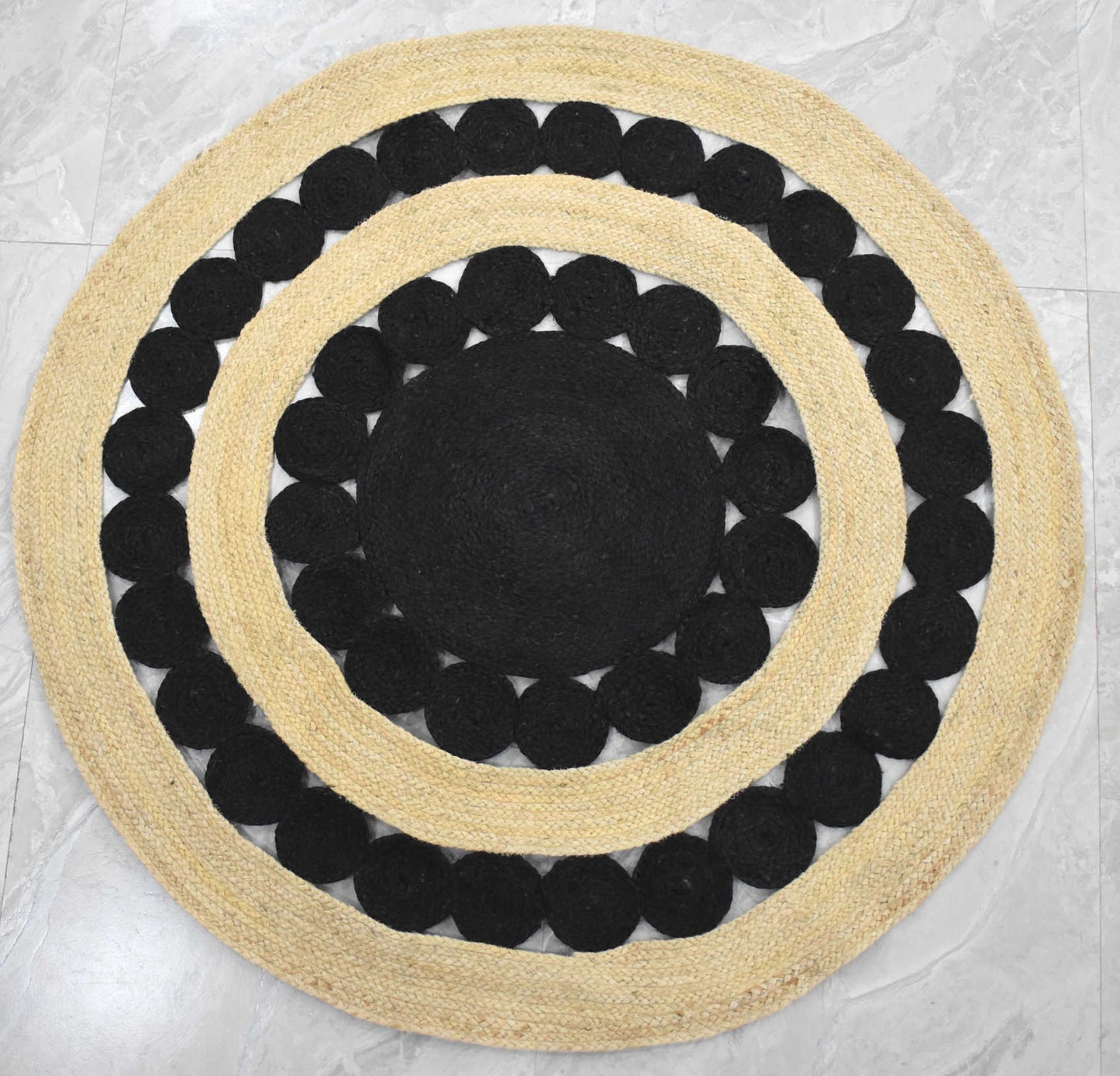 Ripaz Vogue - Floor Carpet Natural Jute Hand Braided Latest Design Area Rug, Round, Beige & Black