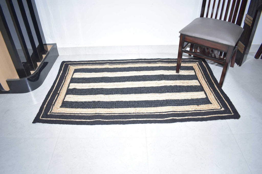 Jute Rug Natural Modern Design Braided Rectangle Area Rug, Black & Beige