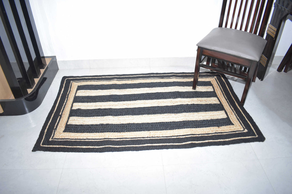 Jute Rug Natural Modern Design Braided Rectangle Area Rug, Black & Beige