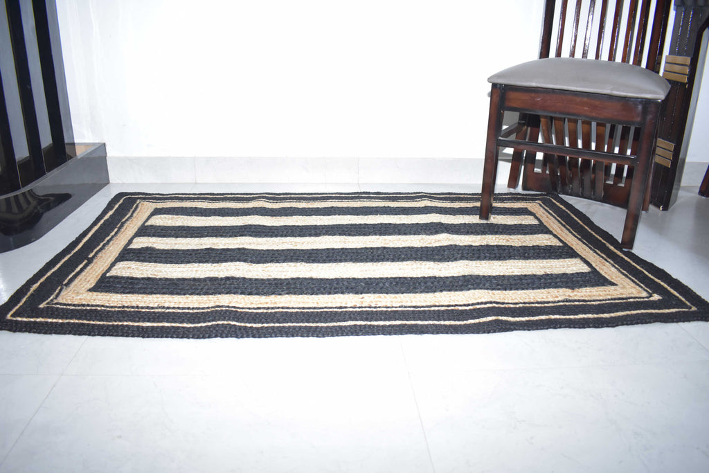 Jute Rug Natural Modern Design Braided Rectangle Area Rug, Black & Beige