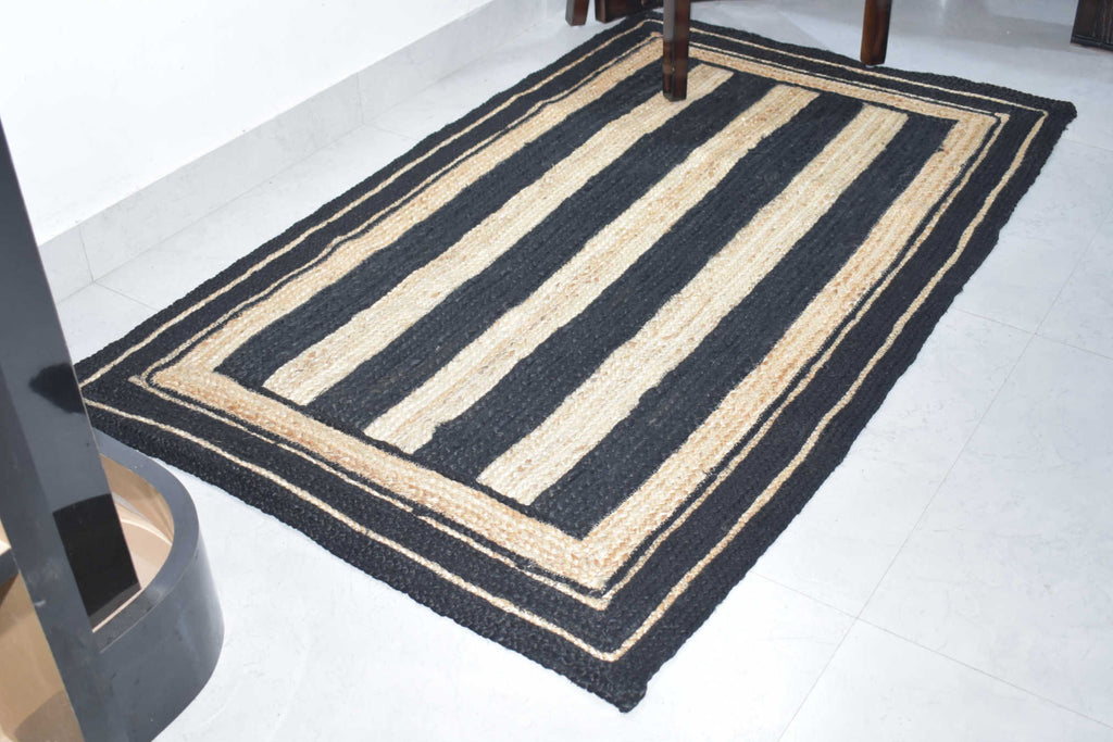Jute Rug Natural Modern Design Braided Rectangle Area Rug, Black & Beige