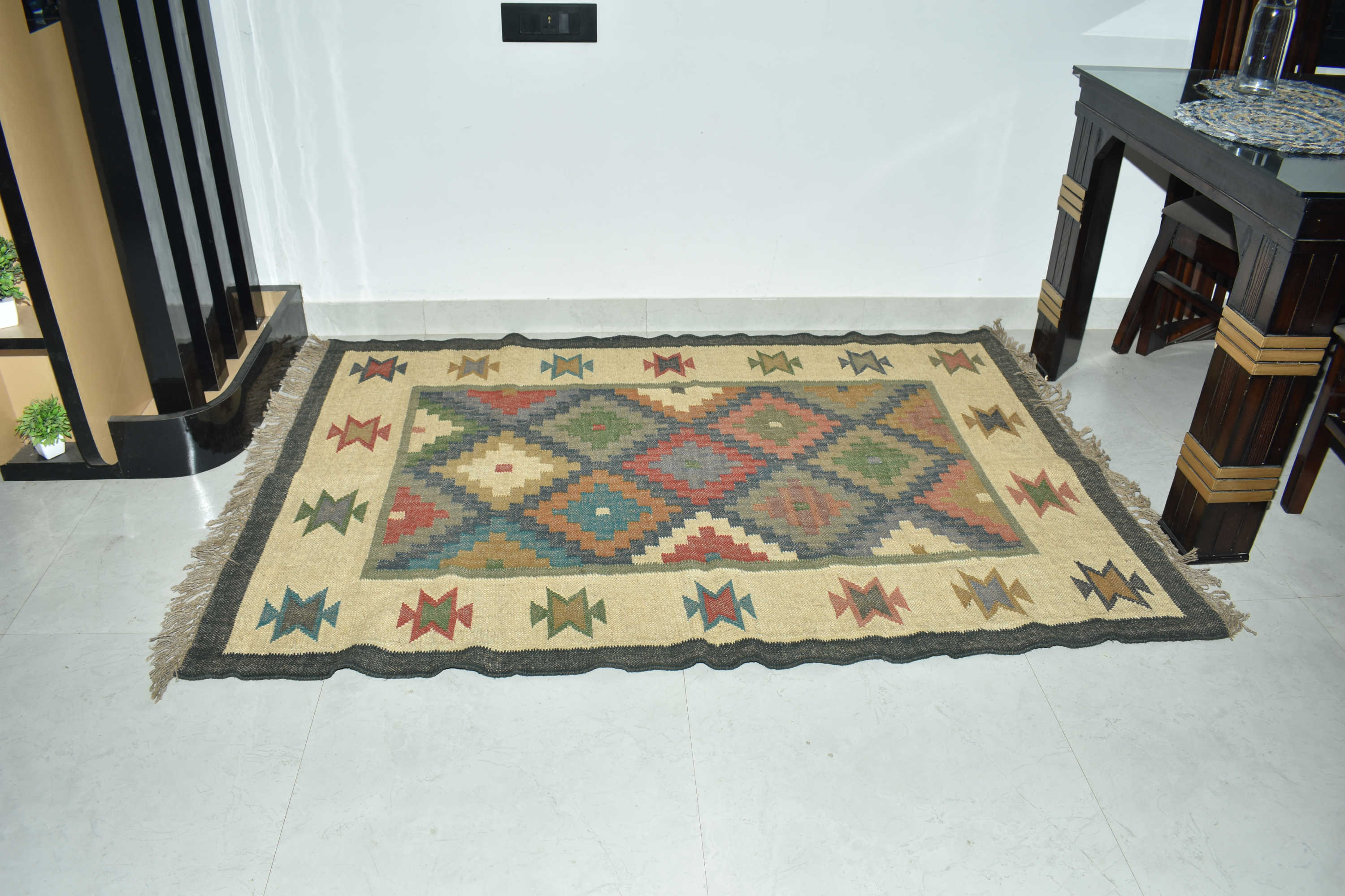 Wool Jute Rug Kilim Traditional Rustic Look Dhurrie Living Room Bedroom Carpet (KLM-09)