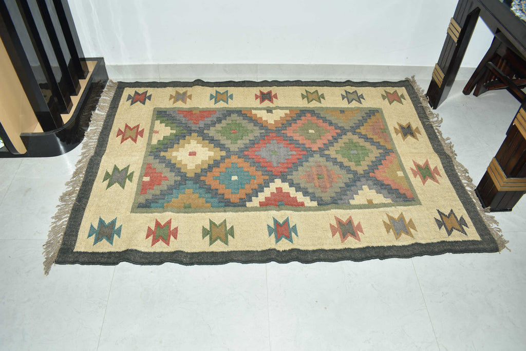 Wool Jute Rug Kilim Traditional Rustic Look Dhurrie Living Room Bedroom Carpet (KLM-03)