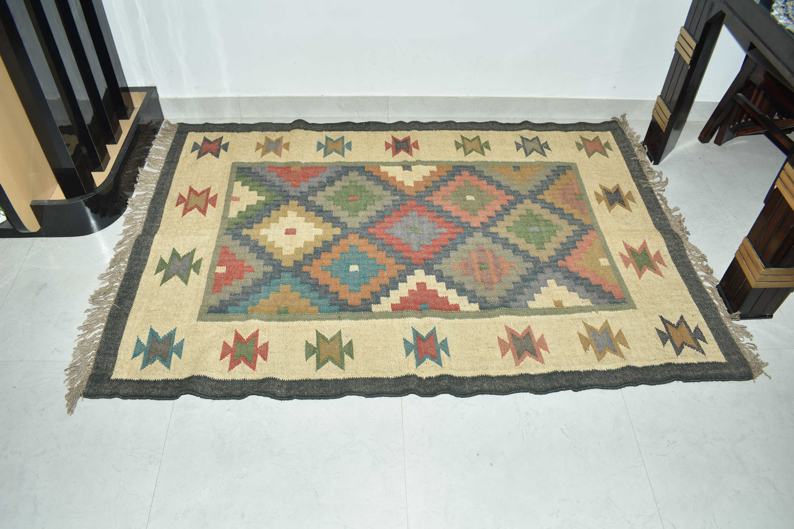 Wool Jute Rug Kilim Traditional Rustic Look Dhurrie Living Room Bedroom Carpet (KLM-03)