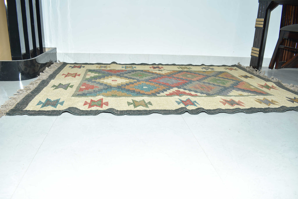 Wool Jute Rug Kilim Traditional Rustic Look Dhurrie Living Room Bedroom Carpet (KLM-03)