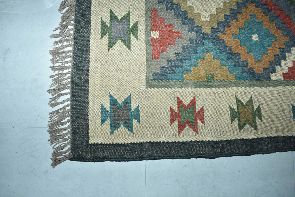 Wool Jute Rug Kilim Traditional Rustic Look Dhurrie Living Room Bedroom Carpet (KLM-03)