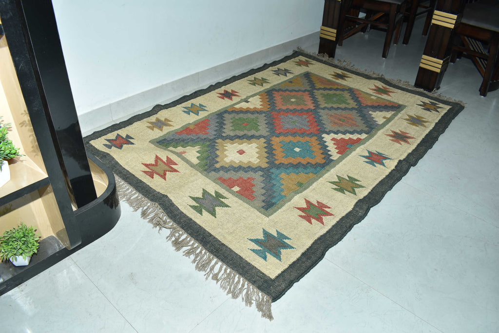 Wool Jute Rug Kilim Traditional Rustic Look Dhurrie Living Room Bedroom Carpet (KLM-03)