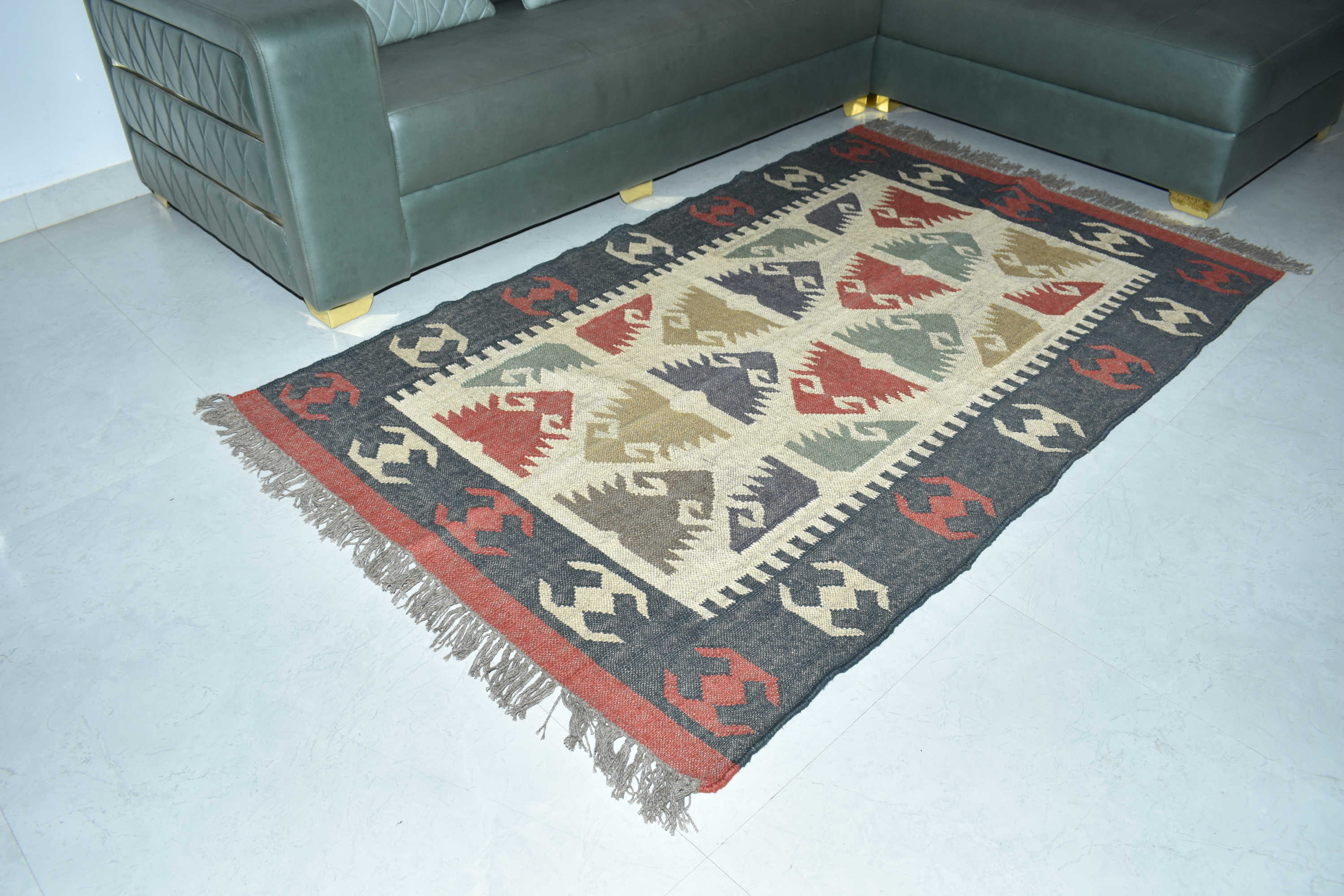 Wool Jute Rug Kilim Traditional Rustic Look Dhurrie Living Room Bedroom Carpet (KLM-07)