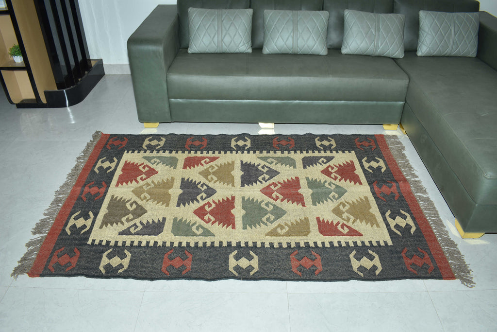 Wool Jute Rug Kilim Traditional Rustic Look Dhurrie Living Room Bedroom Carpet (KLM-07)