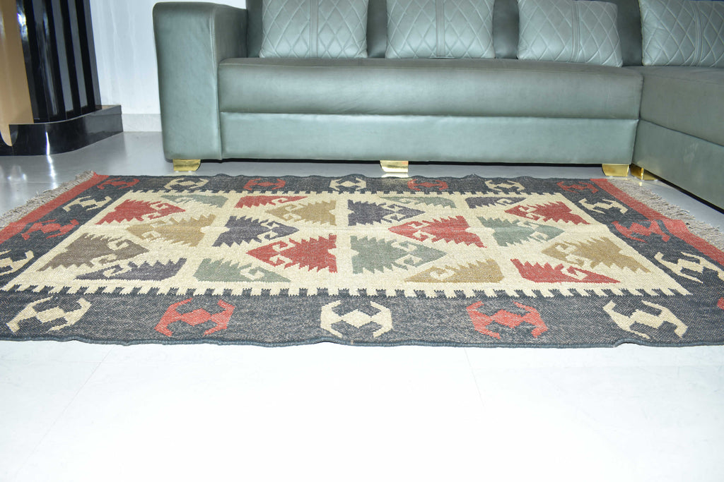 Wool Jute Rug Kilim Traditional Rustic Look Dhurrie Living Room Bedroom Carpet (KLM-07)