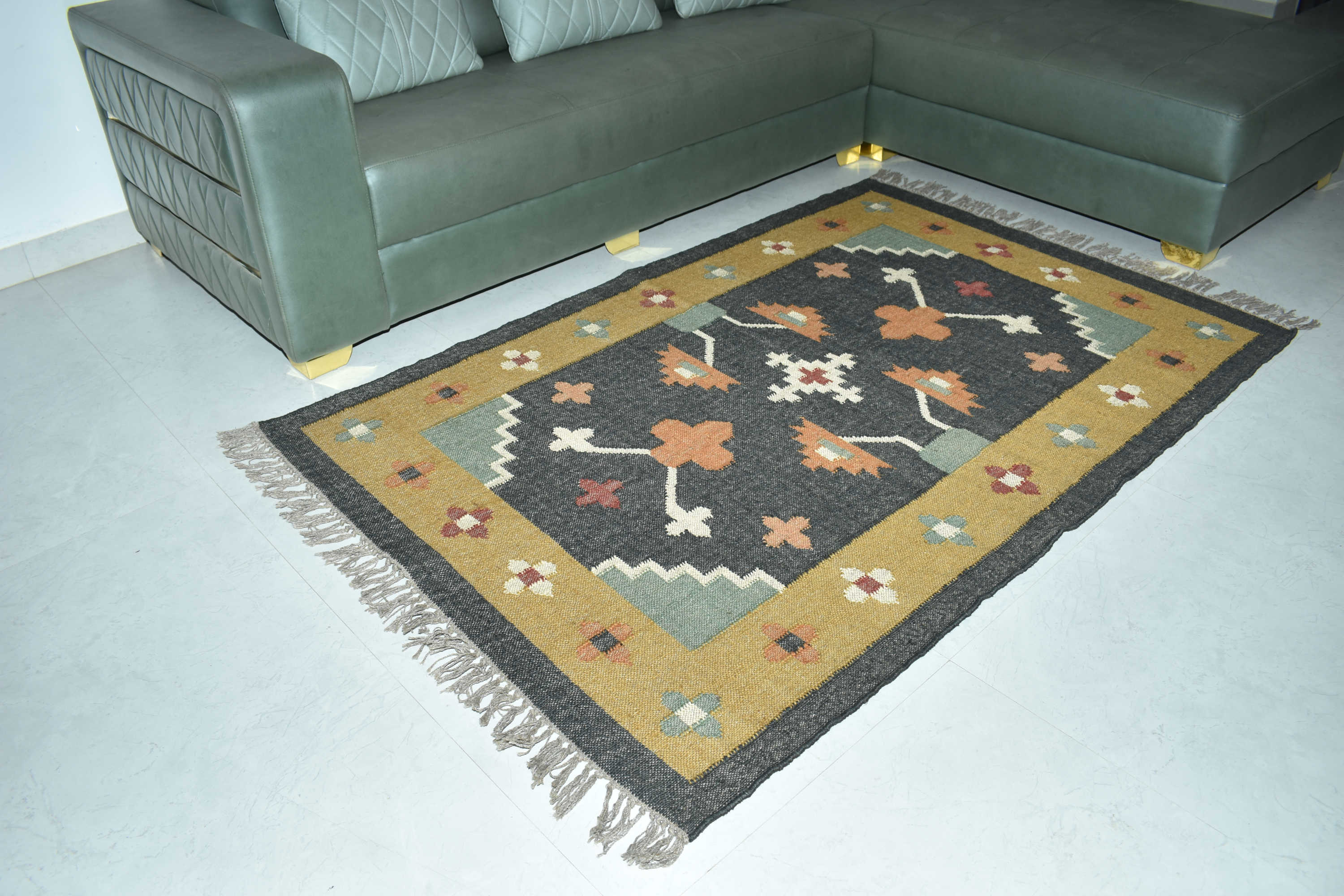 Wool Jute Rug Kilim Traditional Rustic Look Dhurrie Living Room Bedroom Carpet (KLM-06)