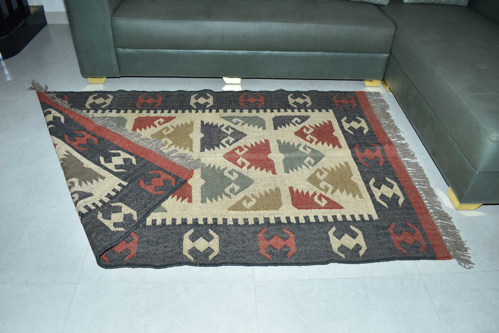 Wool Jute Rug Kilim Traditional Rustic Look Dhurrie Living Room Bedroom Carpet (KLM-07)