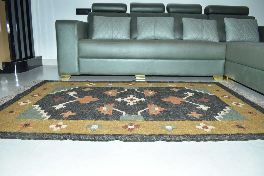 Wool Jute Rug Kilim Traditional Rustic Look Dhurrie Living Room Bedroom Carpet (KLM-06)