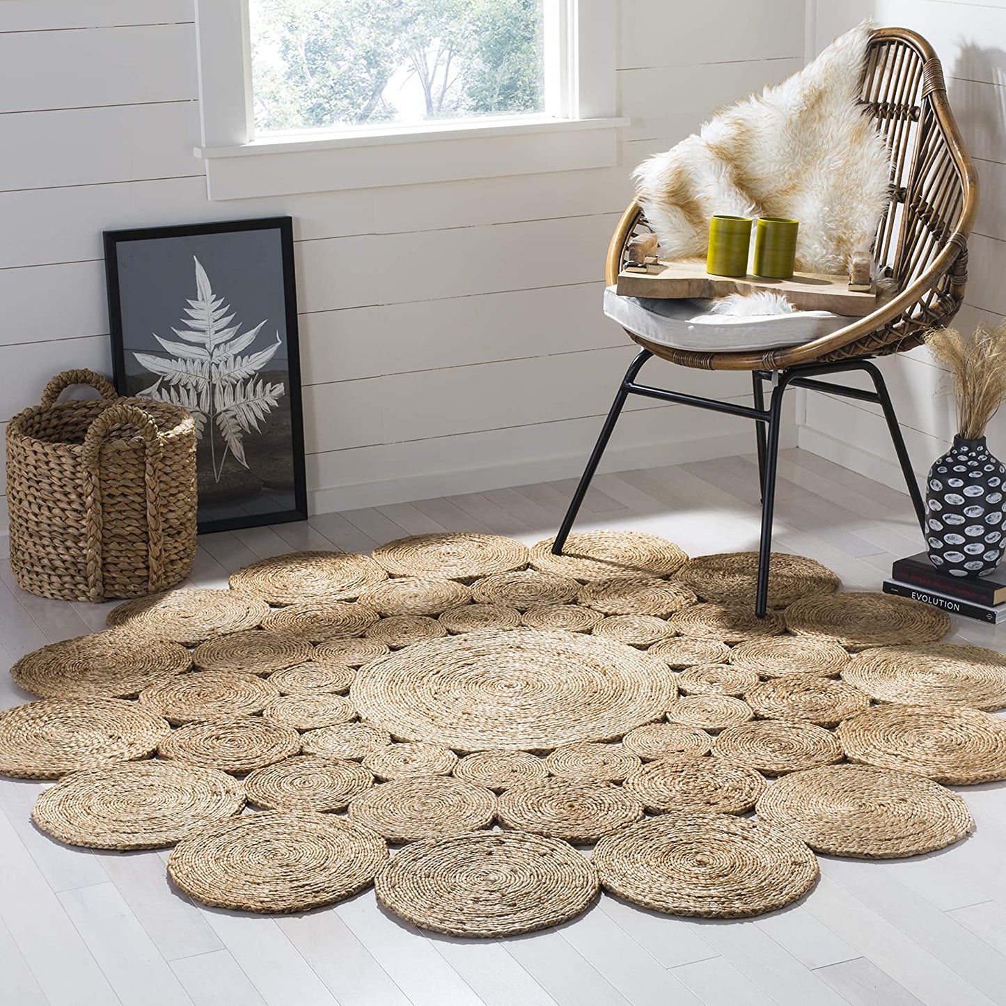 Jute Rug Round Circle Design Braided Jute Area Rug, Beige