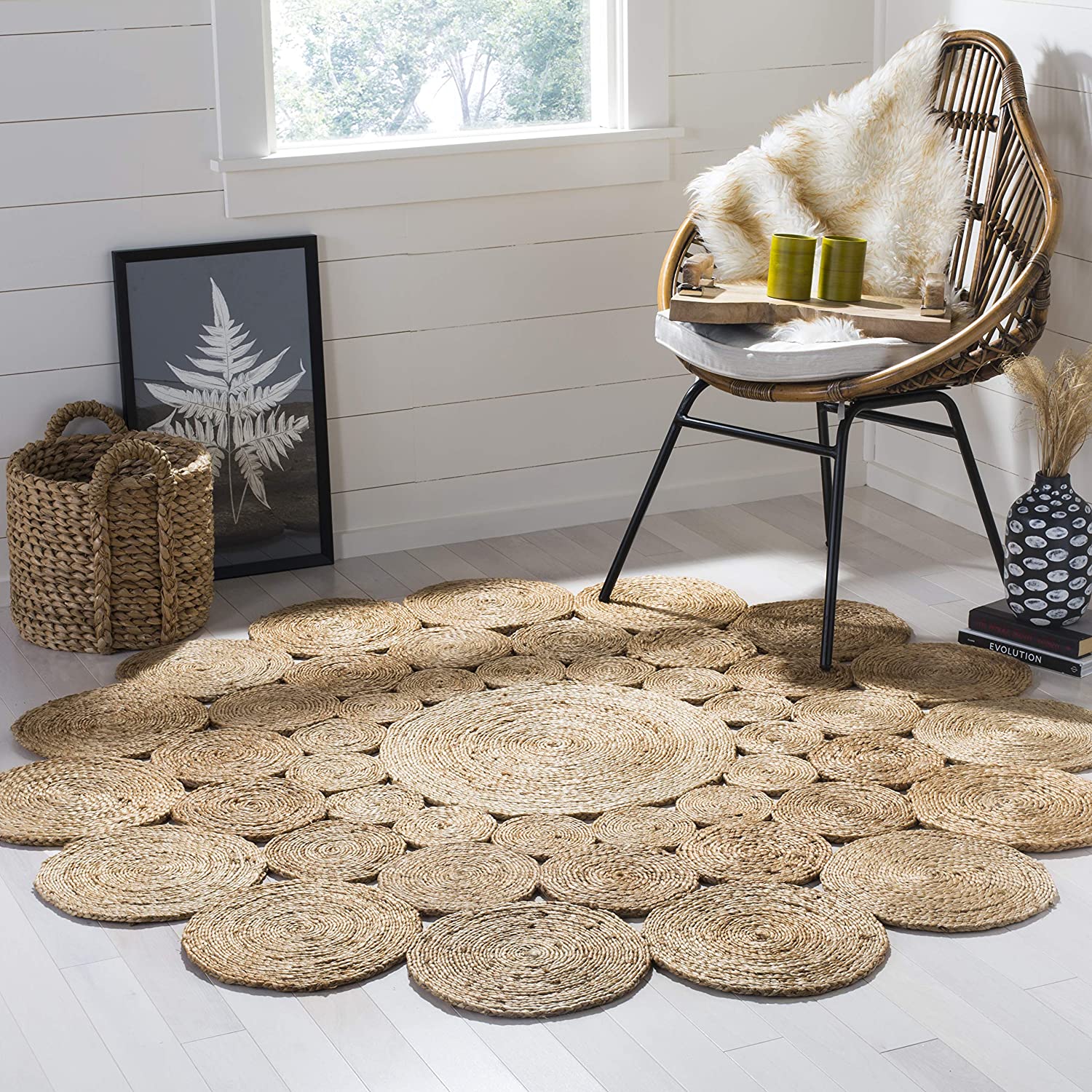 Ripaz Vogue - Tapis rond en jute tressé à la main aspect rustique beige avec bordure jaune 