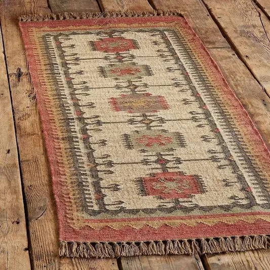 Wool Jute Rug Kilim Traditional Rustic Look Dhurrie Living Room Bedroom Carpet (KLM-42)