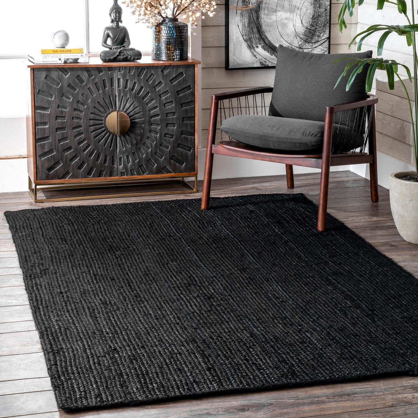 Natural Black Dye Jute Rug Handmade Rustic Home Decor