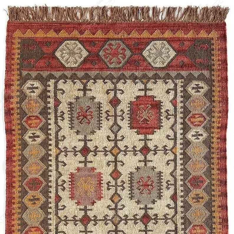 Wool Jute Rug Kilim Traditional Rustic Look Dhurrie Living Room Bedroom Carpet (KLM-42)