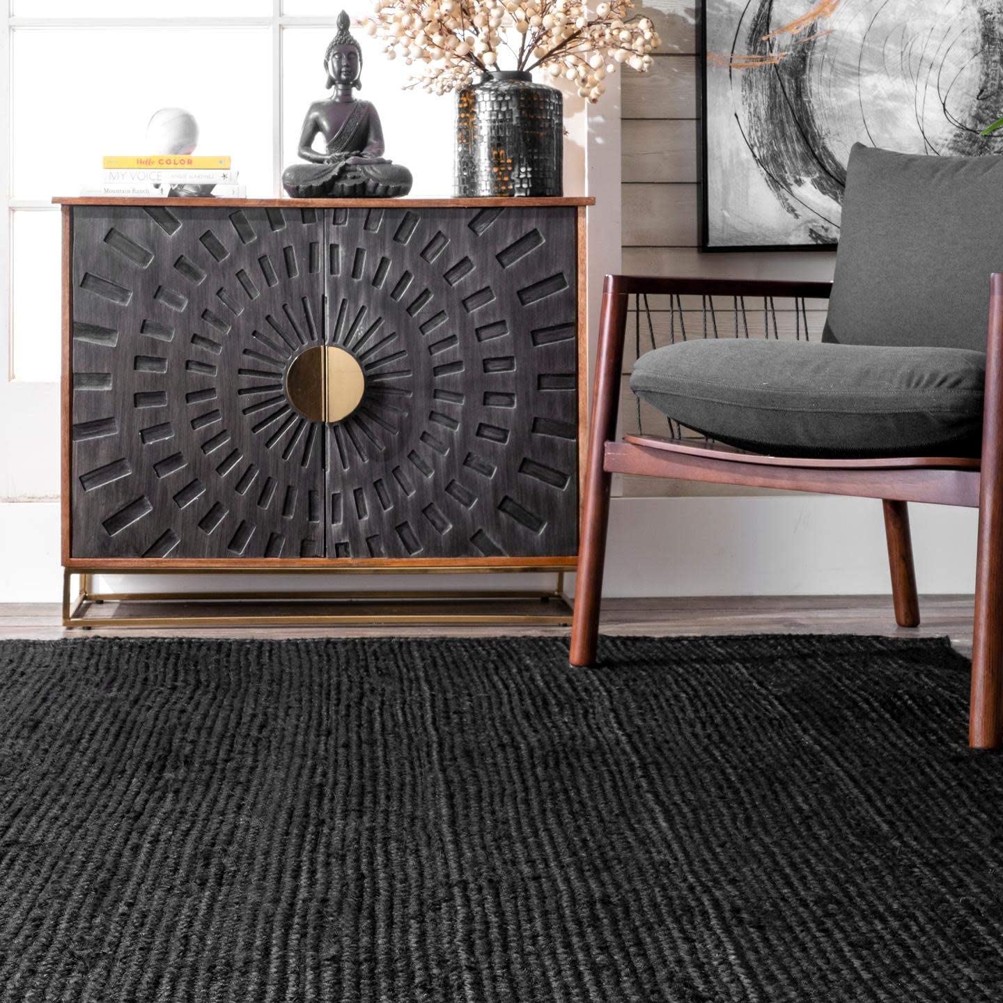 Natural Black Dye Jute Rug Handmade Rustic Home Decor