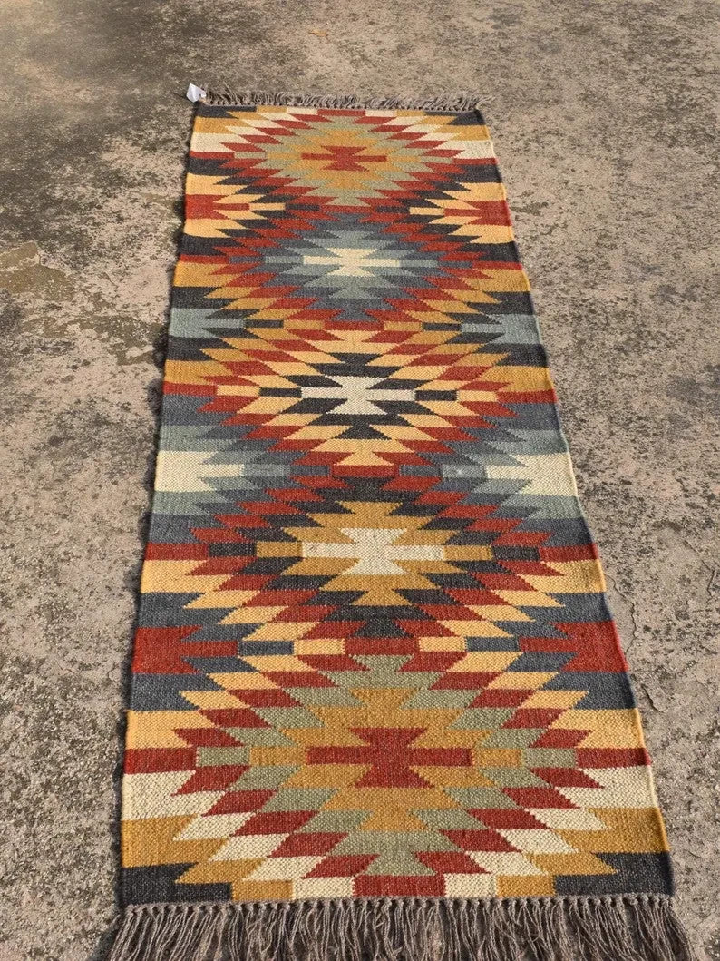 Wool Jute Rug Kilim Traditional Rustic Look Dhurrie Living Room Bedroom Carpet (KLM-59)