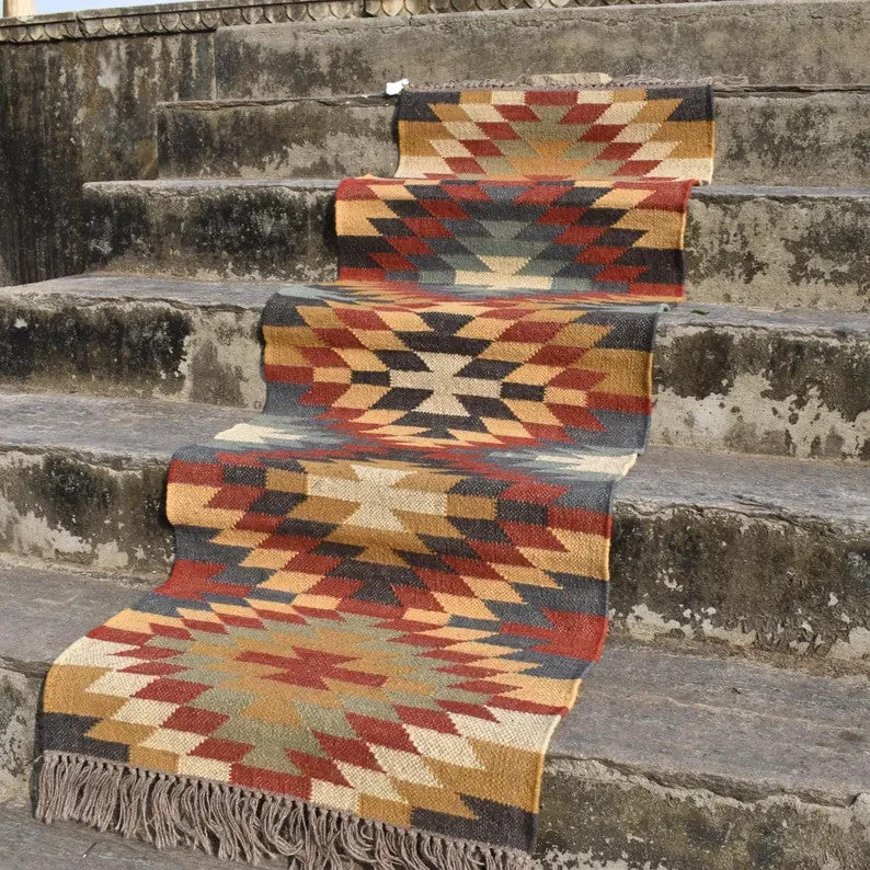 Wool Jute Rug Kilim Traditional Rustic Look Dhurrie Living Room Bedroom Carpet (KLM-59)