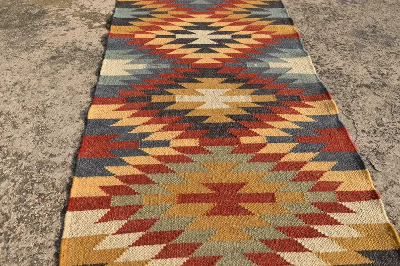 Wool Jute Rug Kilim Traditional Rustic Look Dhurrie Living Room Bedroom Carpet (KLM-59)