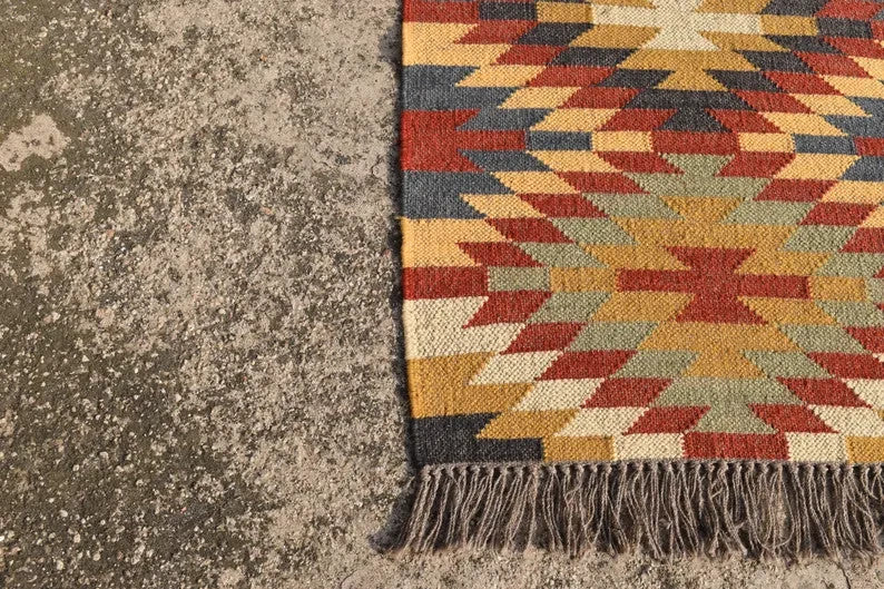 Wool Jute Rug Kilim Traditional Rustic Look Dhurrie Living Room Bedroom Carpet (KLM-59)