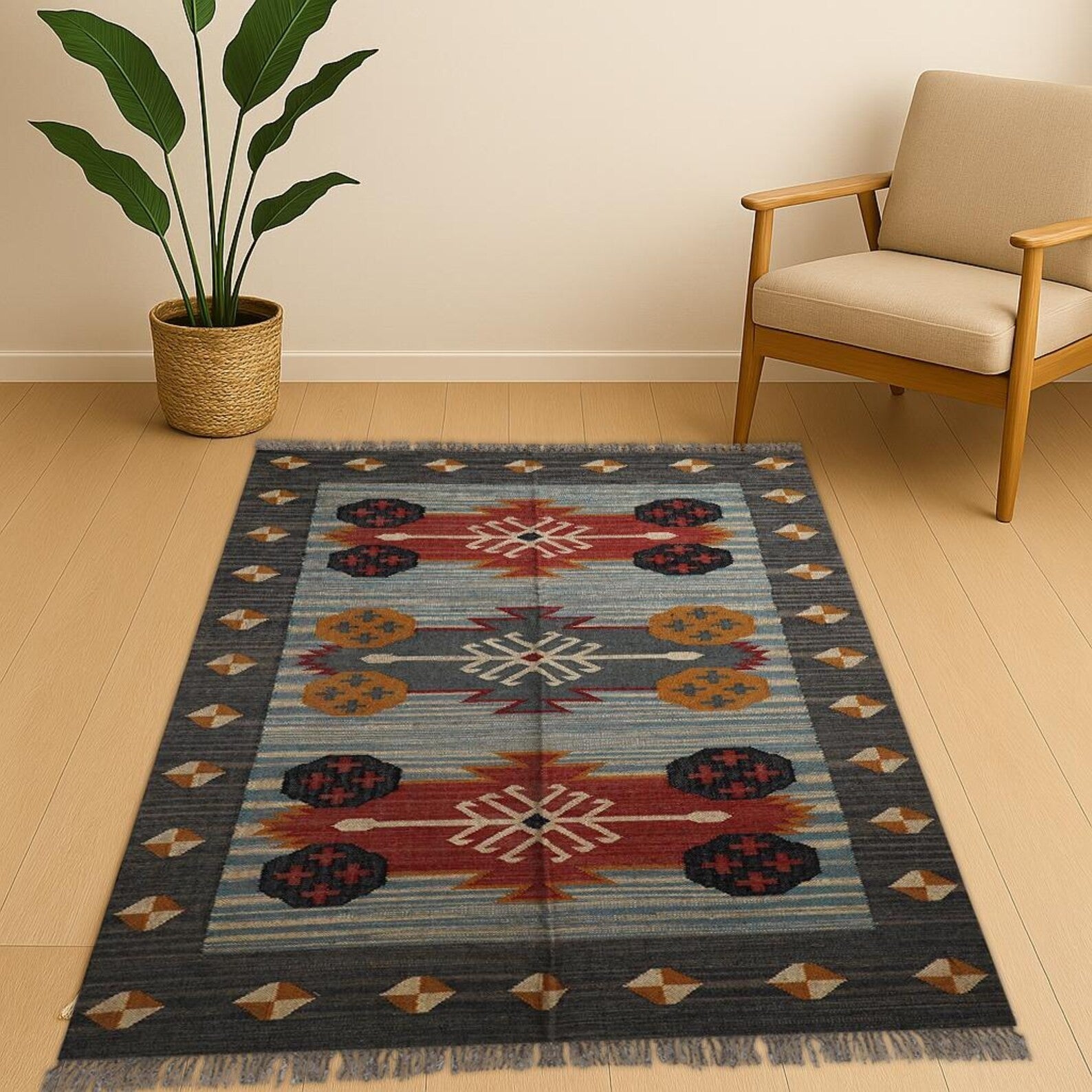 Wool Jute Rug Kilim Traditional Rustic Look Dhurrie Living Room Bedroom Carpet (KLM-31)