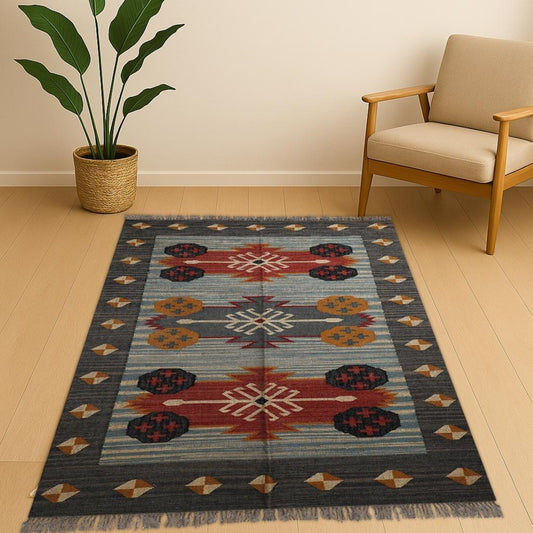 Wool Jute Rug Kilim Traditional Rustic Look Dhurrie Living Room Bedroom Carpet (KLM-31)