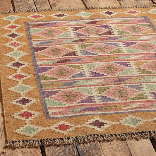 Wool Jute Rug Kilim Traditional Rustic Look Dhurrie Living Room Bedroom Carpet (KLM-62)
