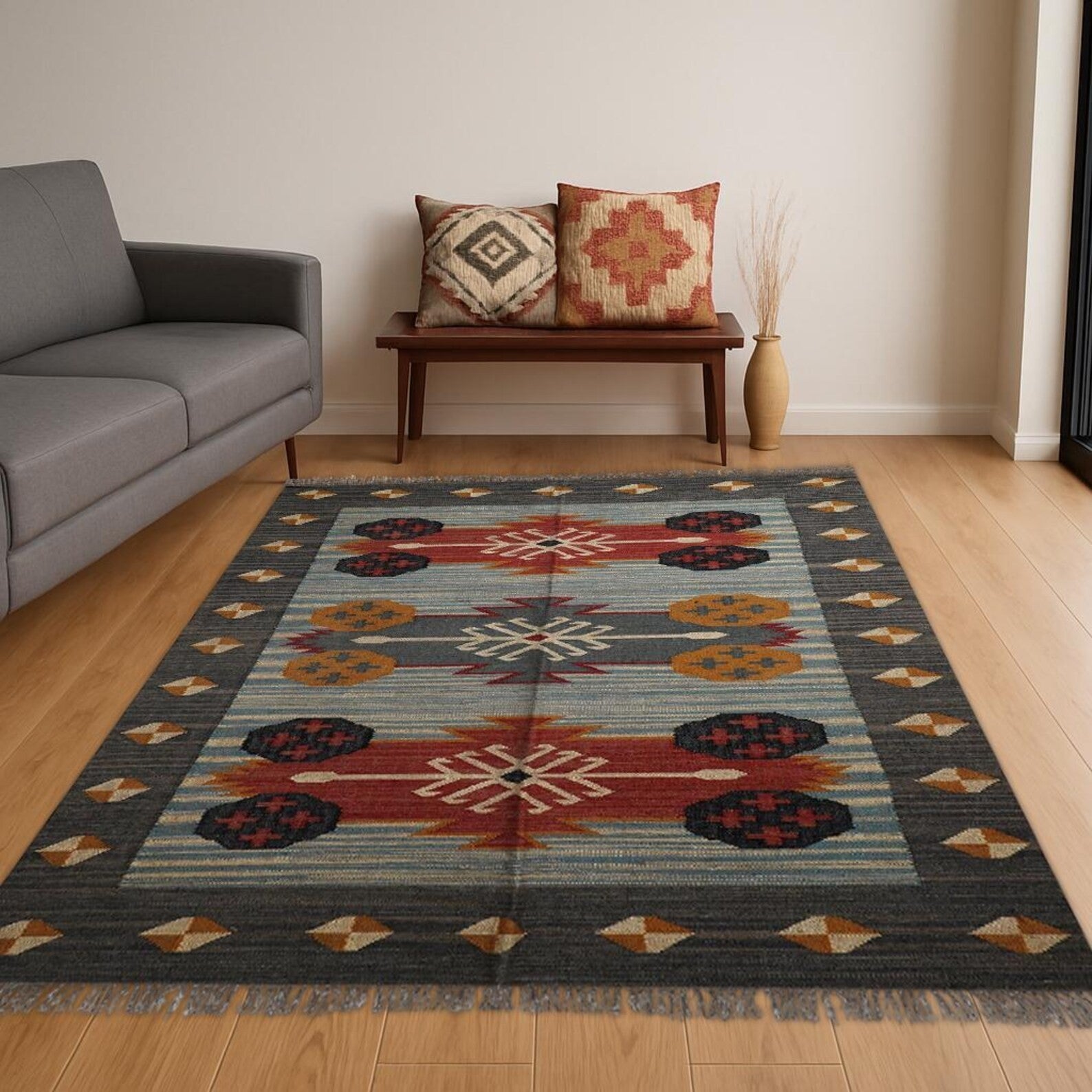 Wool Jute Rug Kilim Traditional Rustic Look Dhurrie Living Room Bedroom Carpet (KLM-31)