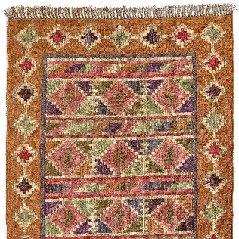 Wool Jute Rug Kilim Traditional Rustic Look Dhurrie Living Room Bedroom Carpet (KLM-62)