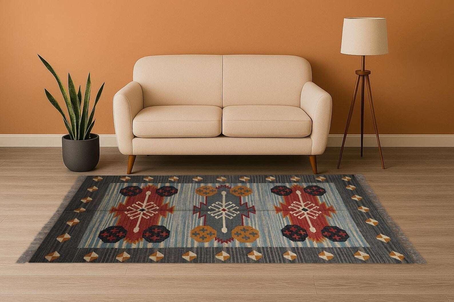Wool Jute Rug Kilim Traditional Rustic Look Dhurrie Living Room Bedroom Carpet (KLM-31)