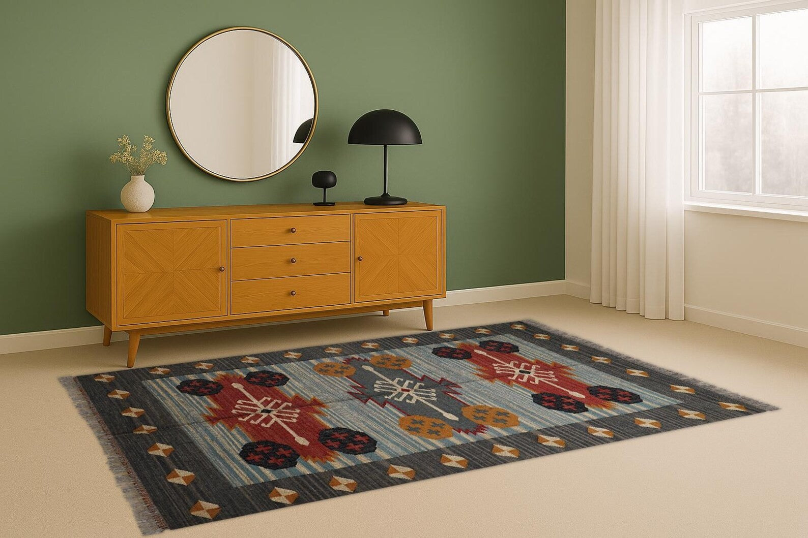 Wool Jute Rug Kilim Traditional Rustic Look Dhurrie Living Room Bedroom Carpet (KLM-31)