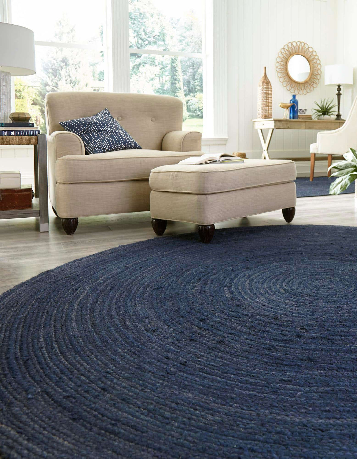 Ripaz Vogue - Tapis rond en jute noir avec bordure beige Tapis fait main 