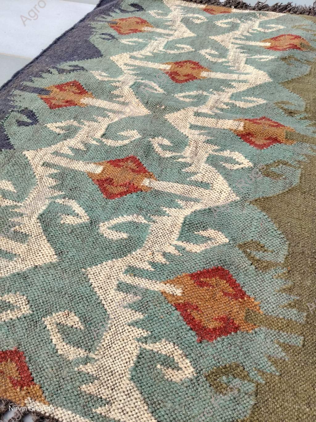 Wool Jute Rug Kilim Traditional Rustic Look Dhurrie Living Room Bedroom Carpet (KLM-63)