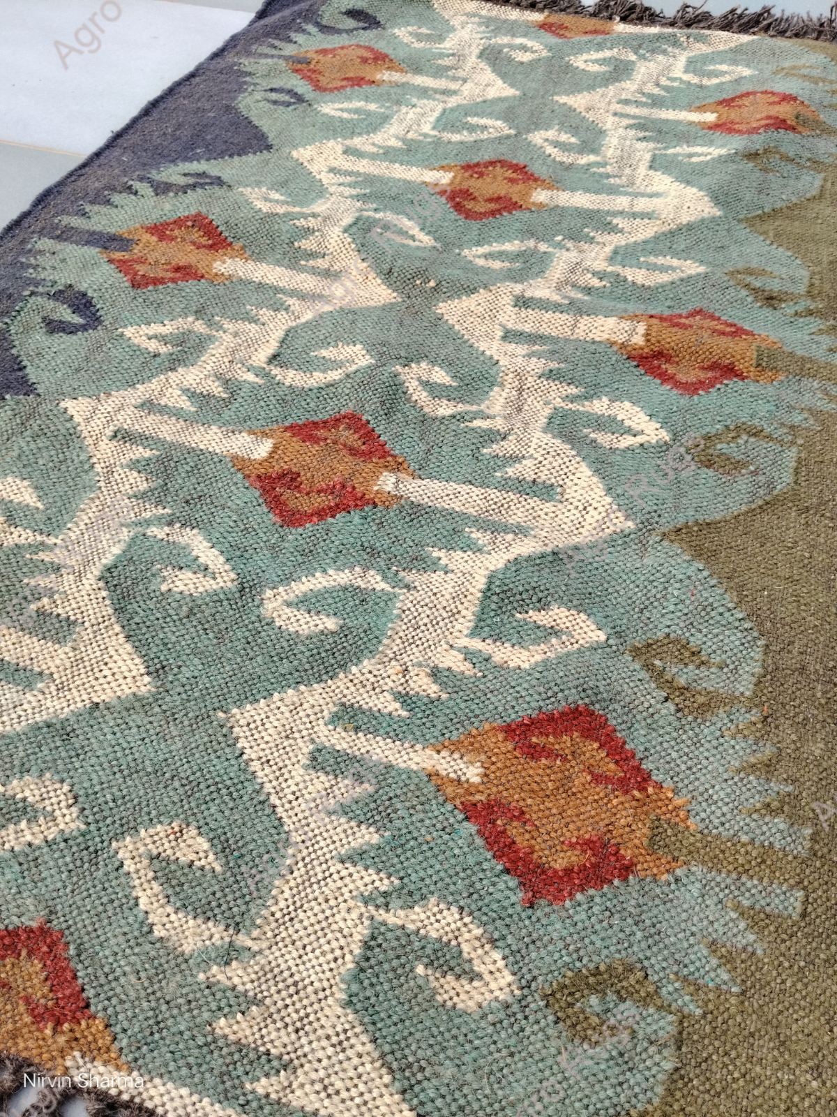 Wool Jute Rug Kilim Traditional Rustic Look Dhurrie Living Room Bedroom Carpet (KLM-63)