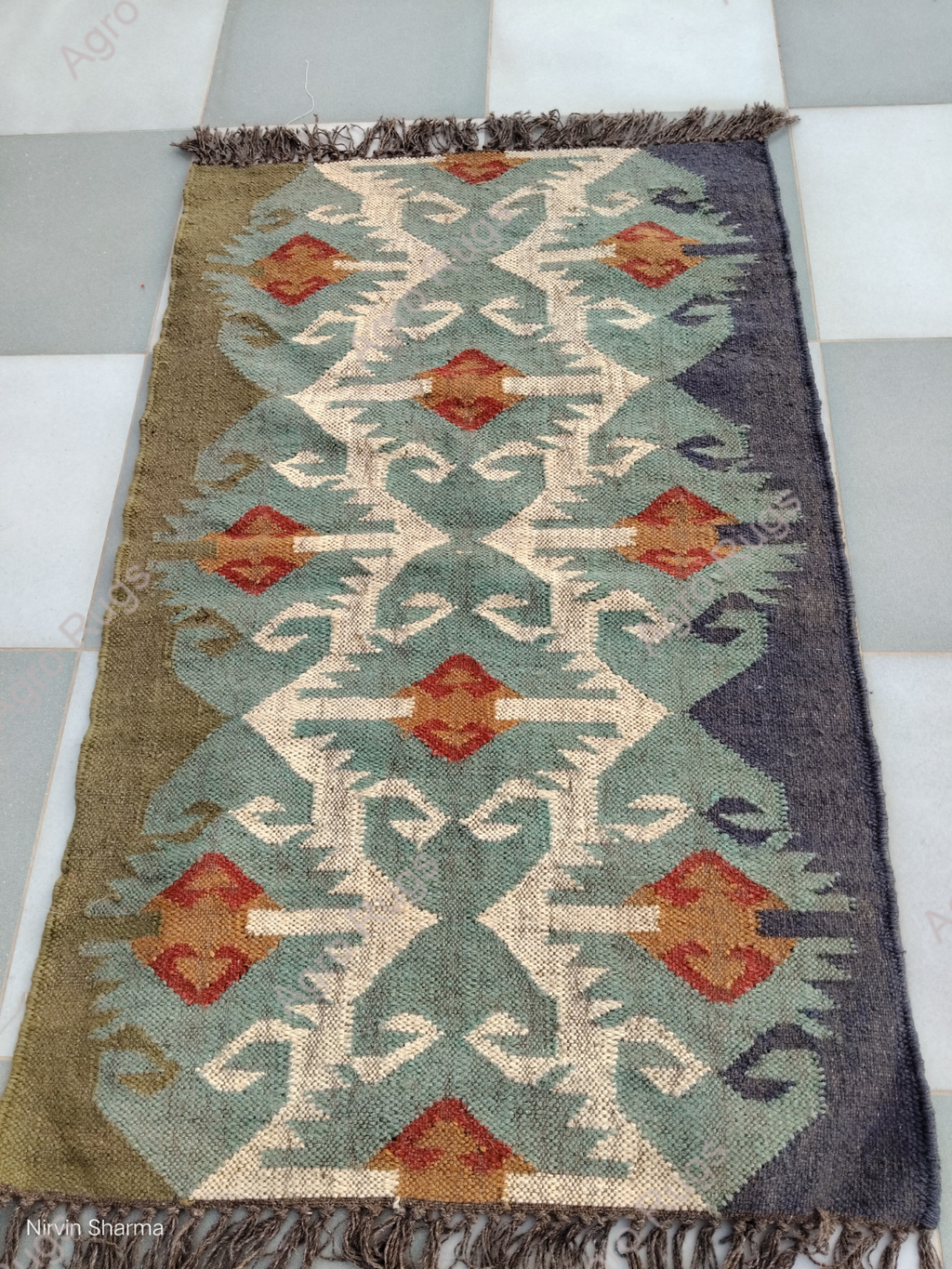 Wool Jute Rug Kilim Traditional Rustic Look Dhurrie Living Room Bedroom Carpet (KLM-63)