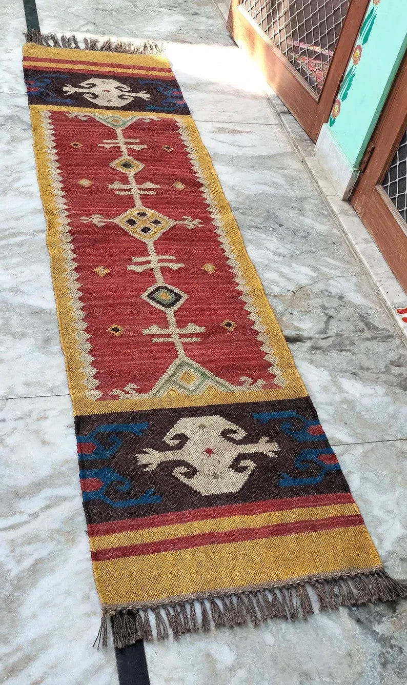 Wool Jute Rug Kilim Traditional Rustic Look Dhurrie Living Room Bedroom Carpet (KLM-30)