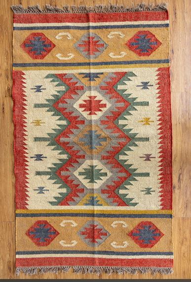 Wool Jute Rug Kilim Traditional Rustic Look Dhurrie Living Room Bedroom Carpet (KLM-64)
