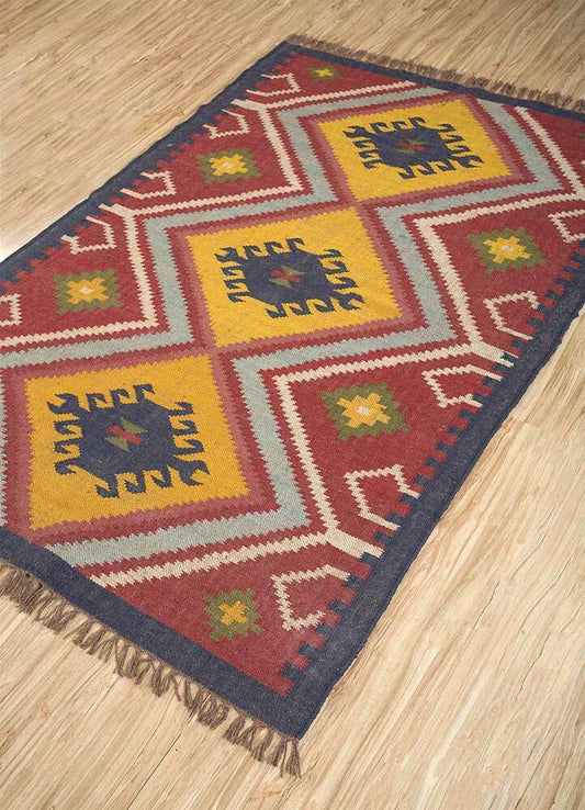 Wool Jute Rug Kilim Traditional Rustic Look Dhurrie Living Room Bedroom Carpet (KLM-65)
