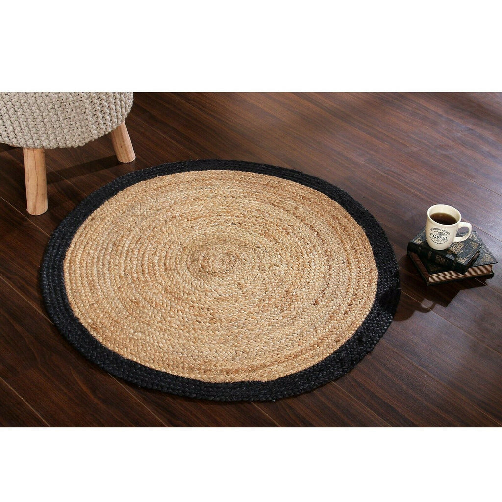 Ripaz Vogue - Tapis rond en jute tressé à la main aspect rustique beige avec bordure noire 