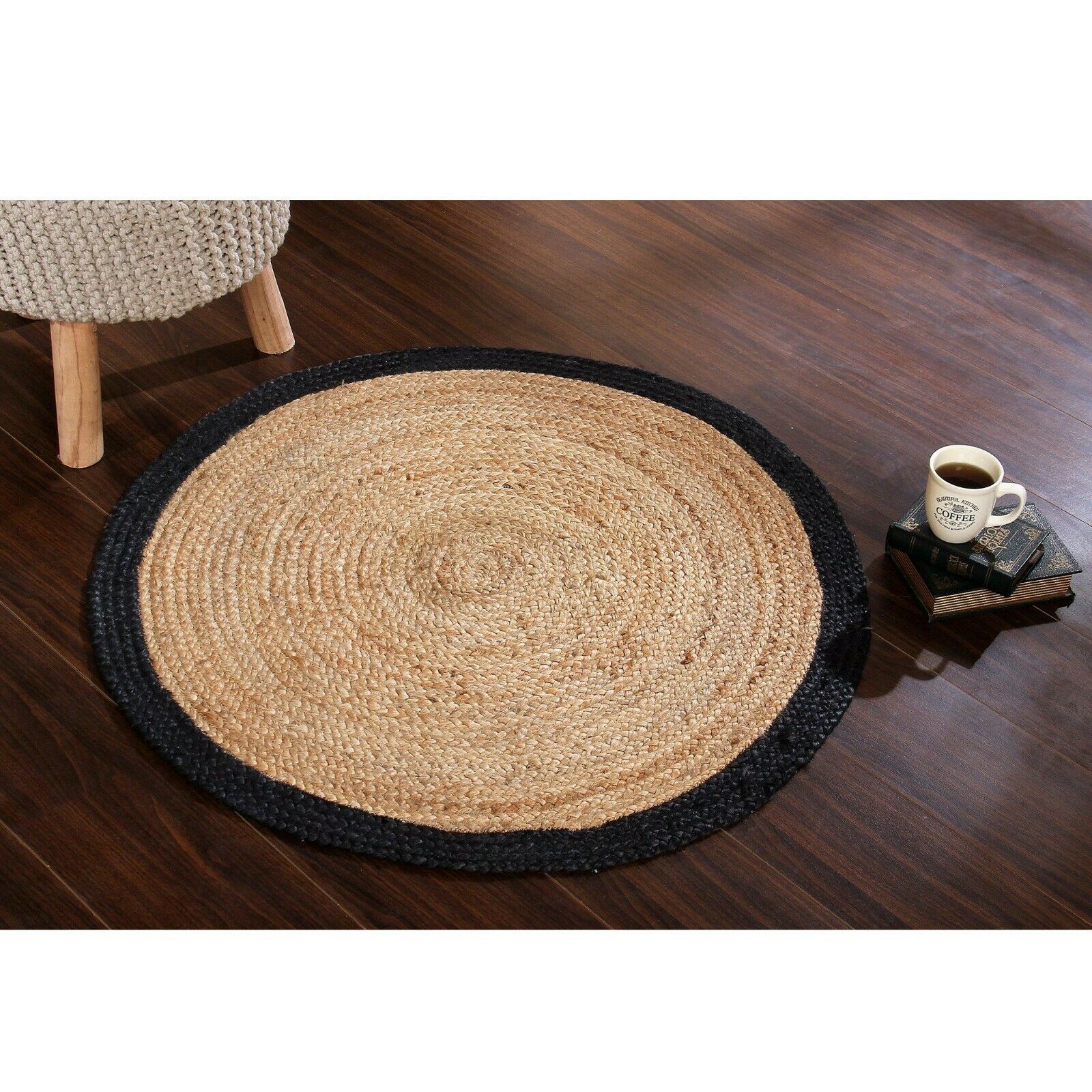 Ripaz Vogue - Tapis rond en jute tressé à la main aspect rustique beige avec bordure noire 