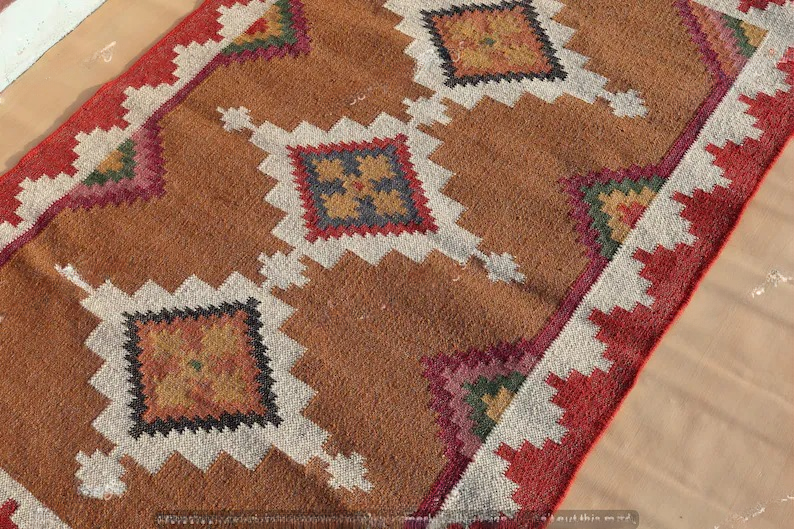 Wool Jute Rug Kilim Traditional Rustic Look Dhurrie Living Room Bedroom Carpet (KLM-65)