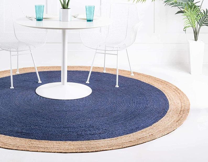 Ripaz Vogue - Tapis rond en jute tressé à la main - Paillasson de ferme en jute bleu avec bordure beige 