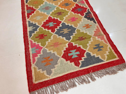 Wool Jute Rug Kilim Traditional Rustic Look Dhurrie Living Room Bedroom Carpet (KLM-34)