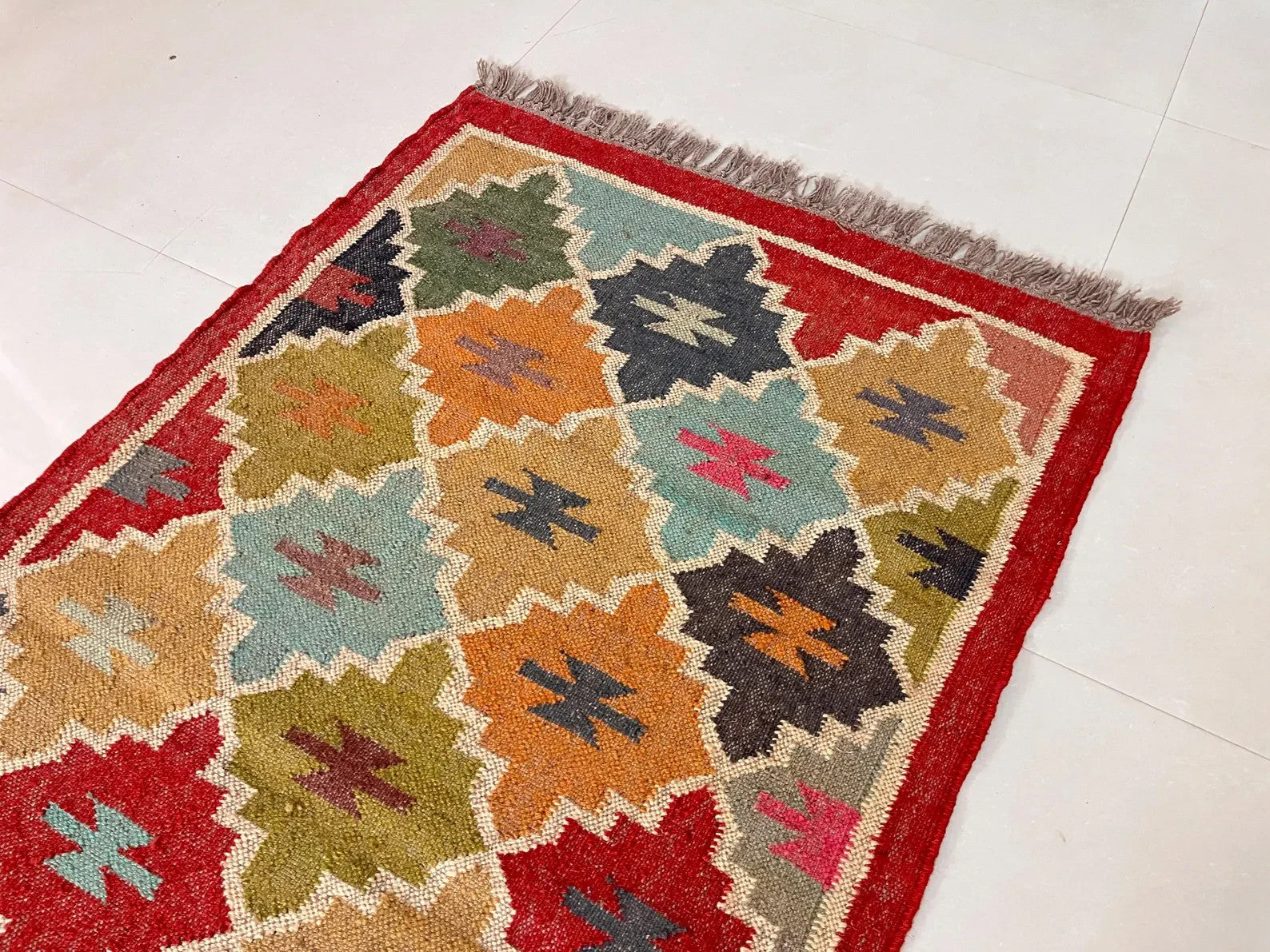 Wool Jute Rug Kilim Traditional Rustic Look Dhurrie Living Room Bedroom Carpet (KLM-34)