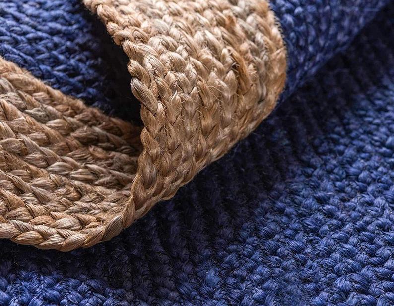 Ripaz Vogue - Tapis rond en jute tressé à la main - Paillasson de ferme en jute bleu avec bordure beige 